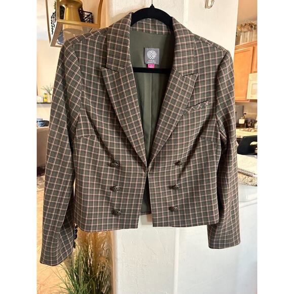 VINCE CAMUTO Double Breasted Cropped Blazer Green Plaid 6 - Picture 5 of 8